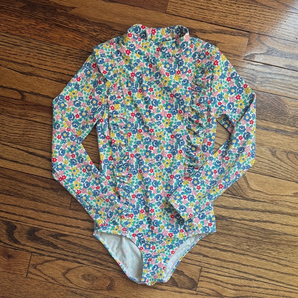 Girls Bode Long-Sleeve Frilly One-Piece Swimsuit in Blue Spring Floral size 5-6Y